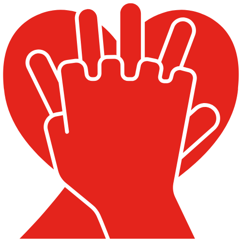 Händer som utför hjärtkompressioner på ett hjärta. Symbolisk för eventsjukvård.