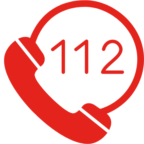 Profil av en telefon med texten 112. Representerar utbildningar för insats-och sjukvårdspersonal.
