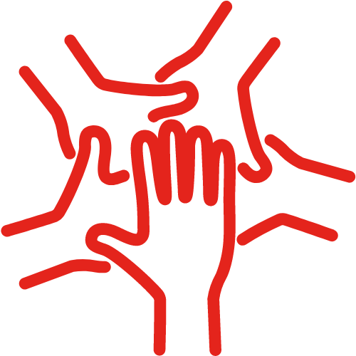 Flera händer som samlas i mitten. Symbol av gemenskap, representerar utbildningar för allmänheten. 